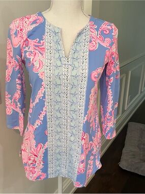 Lilly Pulitzer Pink Floral Top on Periwinkle Blue